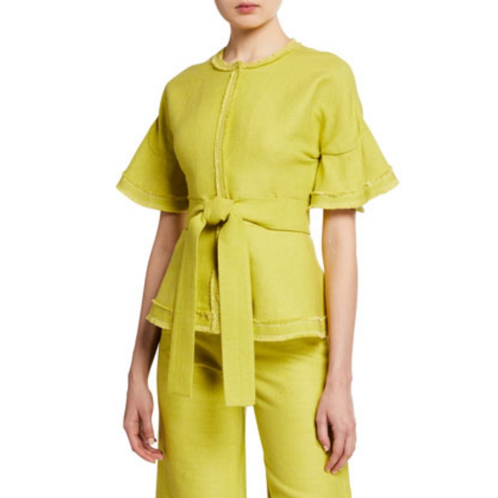 ALEXIS Joni Linen Short-Sleeve Top Frayed Hem and Bell Sleeves in Lemongrass S